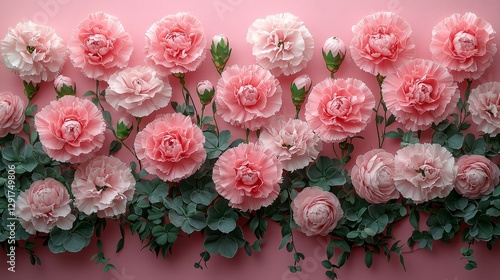 Floral display of pink carnations and greenery indoor setting decorative art vibrant color palette close-up view