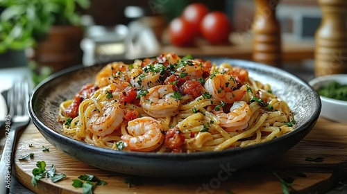 Pasta with shrimps and vegetables.