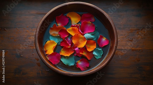 Colorful floating flower petals in wooden bowl serene setting aesthetic photography natural vignettes