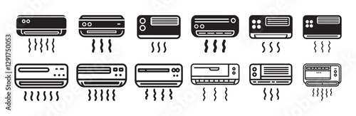 Air Conditioner Icon Set. Black and White HVAC Symbols for Cooling and Heating