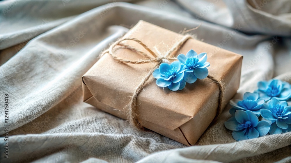 A delicately wrapped gift, adorned with light blue blossoms, rests on a soft, textured fabric A delicately wrapped gift, adorned with light blue blossoms, rests on a soft, textured fabric