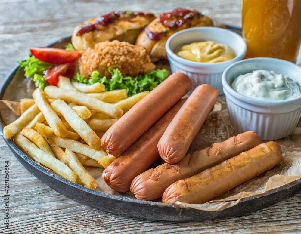 Assorted Fast Food Items – Hot Dogs, Chicken Strips, and Fries on a Platter with Dipping Sauces – Perfect for a Casual Meal or Party Snack Assorted Fast Food Items – Hot Dogs, Chicken Strips, and Fries on a Platter with Dipping Sauces – Perfect for a Casual Meal or Party Snack