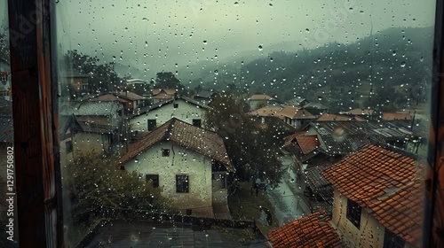 cloudy sky, rainy day view village from window