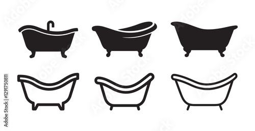 Vintage Bathtub Icon Set. Clawfoot and Modern Tub Silhouettes for Bathroom and Interior Design