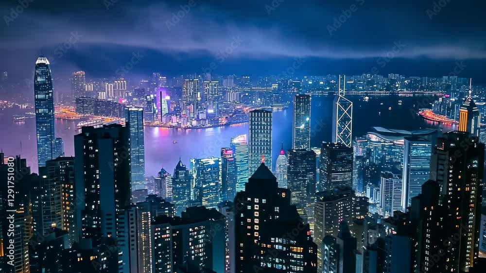 Stunning panoramic view of Hong Kong skyline at night showcasing vibrant city lights and modern architecture, Hong Kong at night skyline panorama timelapse Modern city aerial background Stunning panoramic view of Hong Kong skyline at night showcasing vibrant city lights and modern architecture, Hong Kong at night skyline panorama timelapse Modern city aerial background