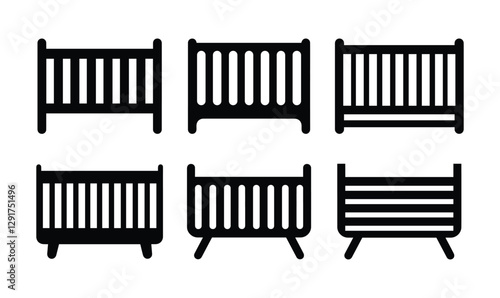 Baby Cot Icon Set. Crib, Nursery, and Bed Silhouettes for Design and Graphics