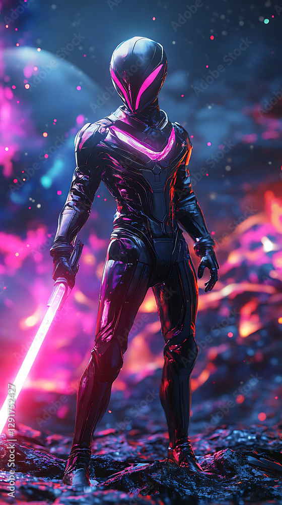 character with space fighter suit and laser sword on cosmic background character with space fighter suit and laser sword on cosmic background