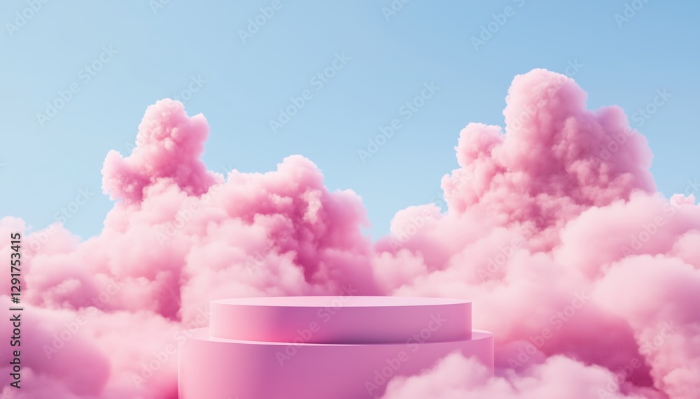 Fototapeta premium Dreamy Platform For Product Display In Realistic Pink Clouds And Pastel Blue Sky: Heavenly Mockup
