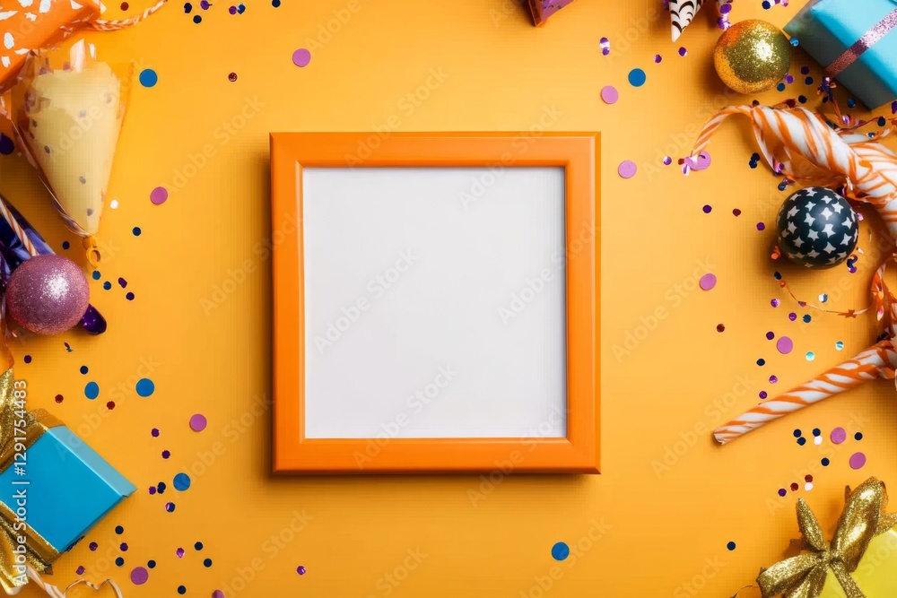 Fototapeta premium An orange photo frame with a blank white interior, surrounded by party decorations, confetti, and gifts on an orange background. The frame is centered in the middle of the composition