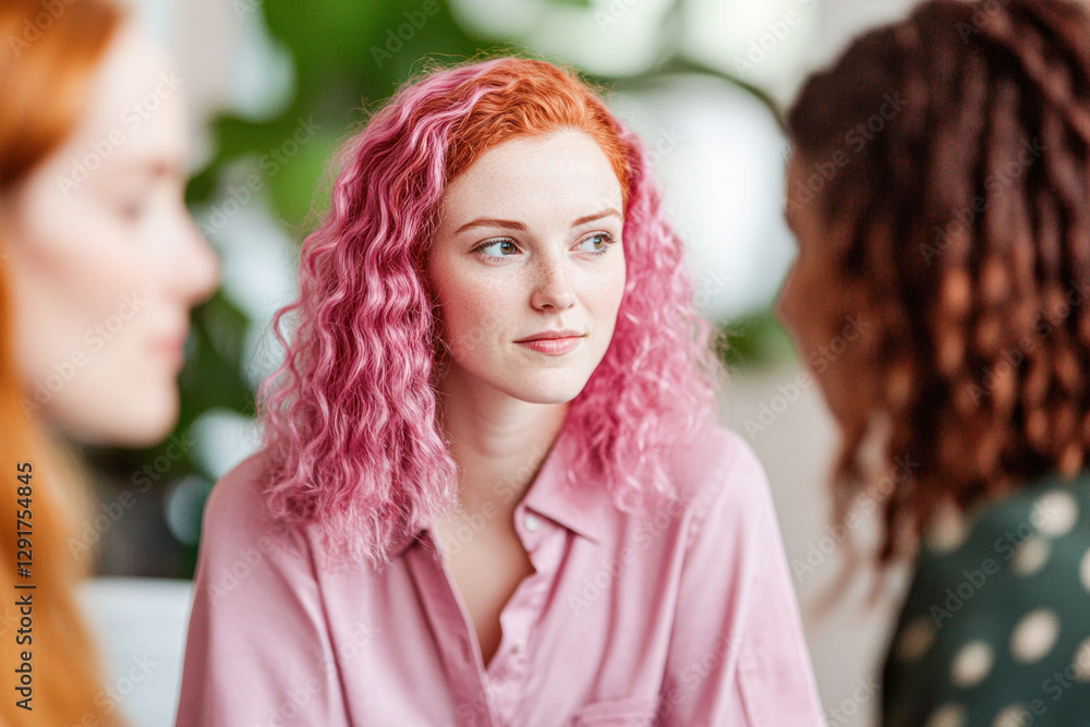 Fototapeta premium Three women engaged in conversation, one with pink hair.