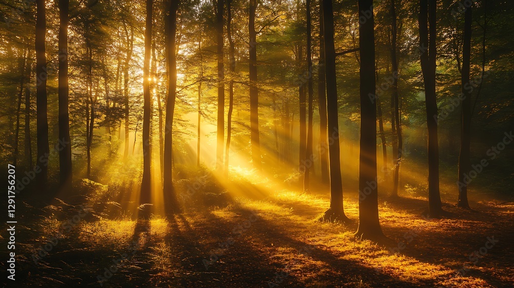 Sunbeams illuminate a misty autumn forest, creating a magical, golden atmosphere. Sunbeams illuminate a misty autumn forest, creating a magical, golden atmosphere.