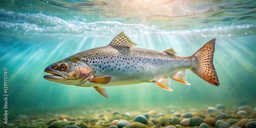 Naklejka premium Underwater Elegance A Spotting of a River Fish Gracefully Swimming Through Sunlit Pebbles
