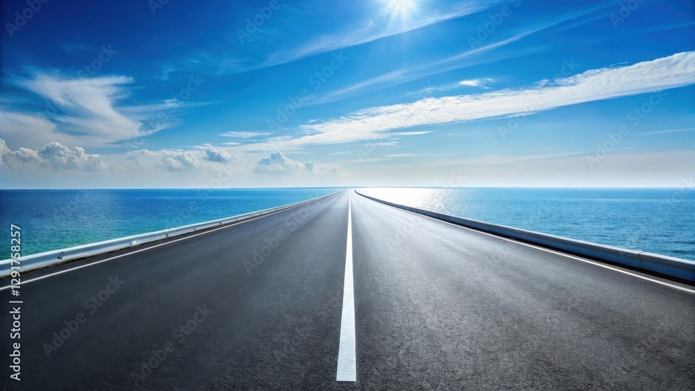 Asphalt road stretching towards a tranquil ocean under a bright sunny sky, offering a scenic view of a summer day with white clouds drifting across a brilliant blue horizon Asphalt road stretching towards a tranquil ocean under a bright sunny sky, offering a scenic view of a summer day with white clouds drifting across a brilliant blue horizon