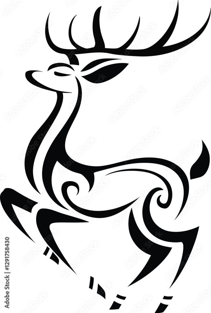Elegant Tribal Deer Illustration—Stylized Black and White Wildlife Design
