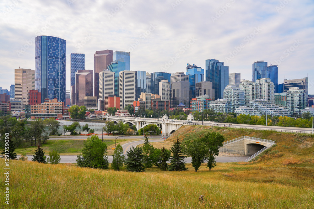 Calgary skyline and Centre Street Bridge across the Bow River as seen from Mount Pleasant, Alberta, Canada