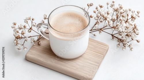 Latte on a light wooden coaster with flowers photo