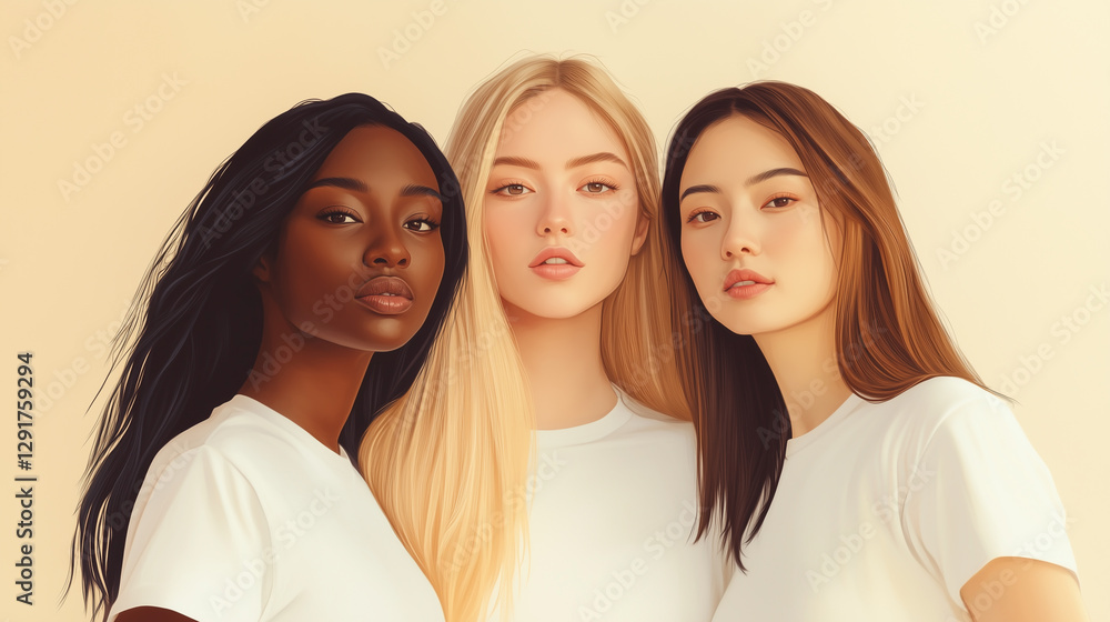 A close-up painting of three girl with dark, light, and Asian skin tones. They are wearing white t-shirts and have clean, natural makeup, different races of people A close-up painting of three girl with dark, light, and Asian skin tones. They are wearing white t-shirts and have clean, natural makeup, different races of people
