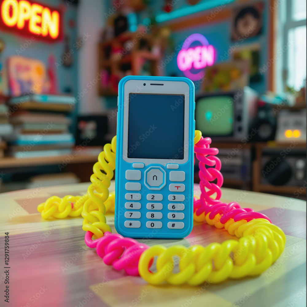 Phone with spiral chain. A blue mobile phone with a spiral plastic chain in a brightly lit room.