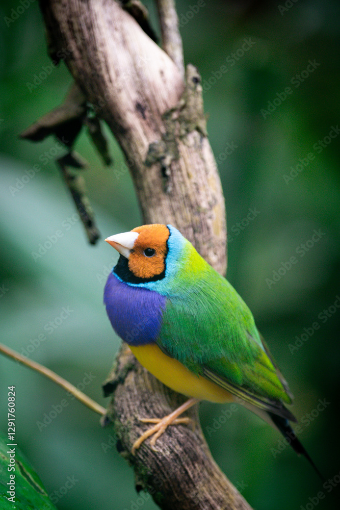 Obraz premium Beautiful colorful Gould-amandina (Gouldian finch) bird sitting on a branch in the rainforest.
