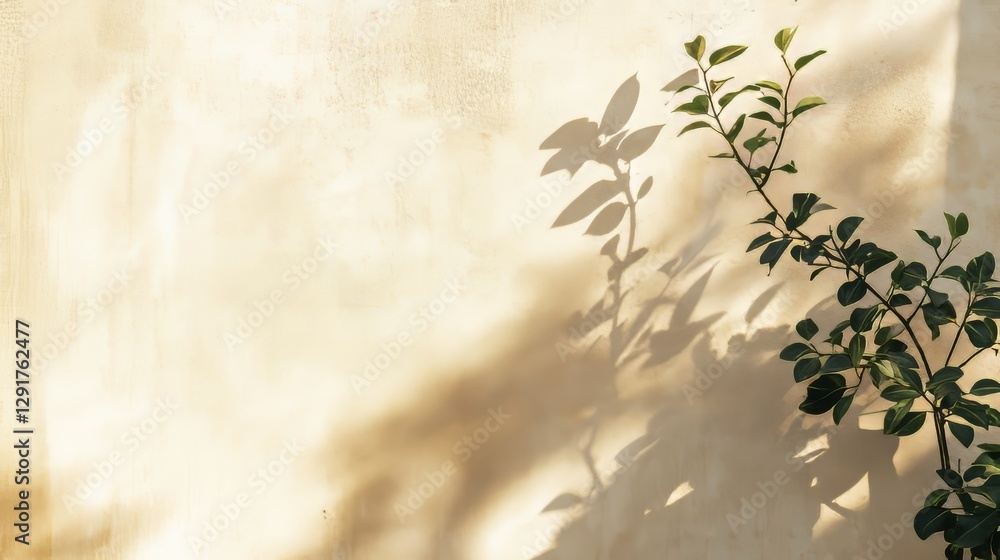 Shadows of Green Leaves Create an Artistic Effect on a Textured Wall in Soft Natural Light During the Golden Hour in a Cozy Indoor Space Shadows of Green Leaves Create an Artistic Effect on a Textured Wall in Soft Natural Light During the Golden Hour in a Cozy Indoor Space