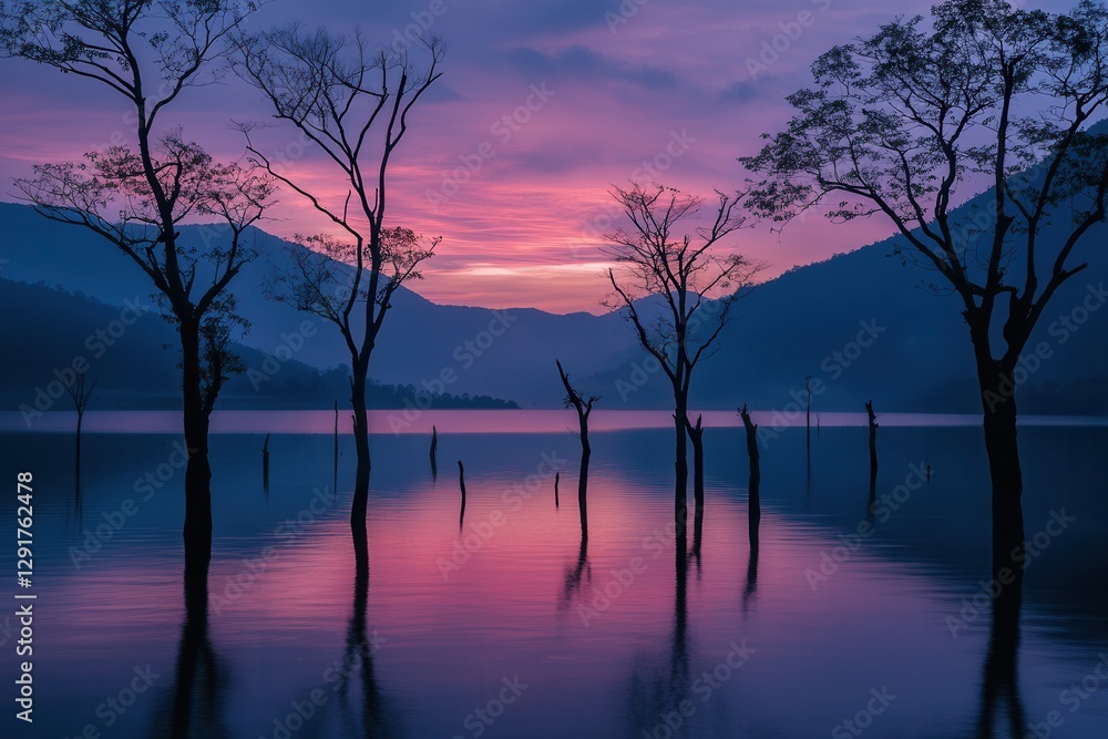 Fototapeta premium Pixelated Sunrise Over Lake With Silhouetted Trees