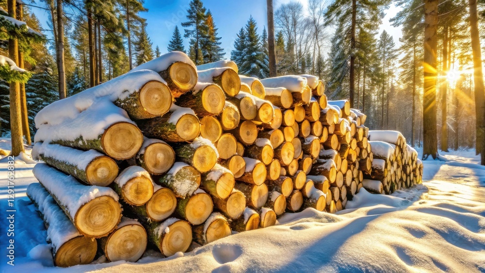 Winter Sunlight Illuminates a Stack of Freshly Cut Logs in a Snowy Forest Winter Sunlight Illuminates a Stack of Freshly Cut Logs in a Snowy Forest