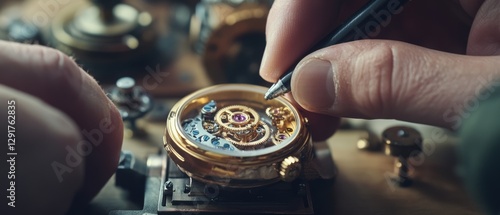 Wallpaper Mural A detailed view of a watchmaker's hands assembling a delicate watch mechanism, illustrating precision and craftsmanship. Torontodigital.ca