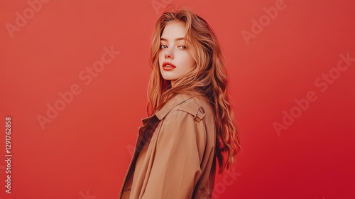 Fashion Model Poses Against a Colorful Abstract Wall While Wearing a Stylish Trench Coat, Showcasing Modern Aesthetics and Creativity in a Contemporary Indoor Setting