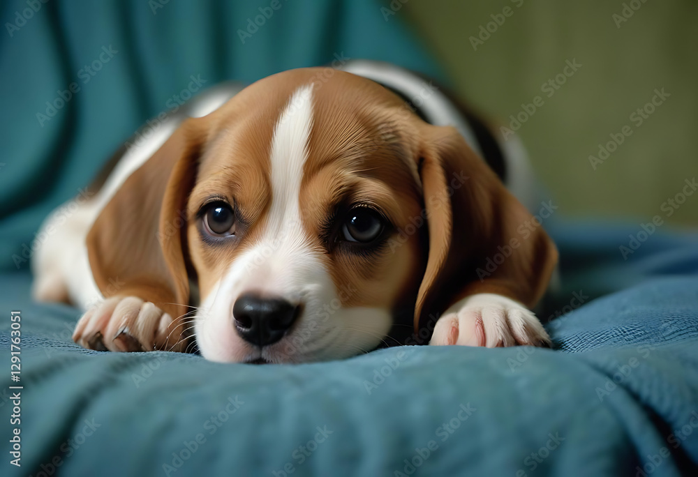 A small beagle puppy rests on a blue blanket peacefully A small beagle puppy rests on a blue blanket peacefully