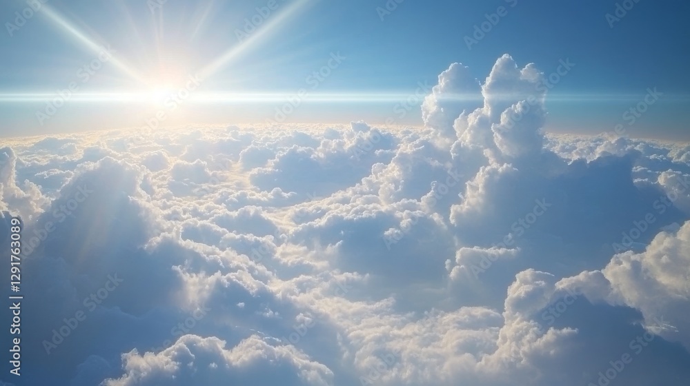 Fototapeta premium Sun beams streaming through fluffy clouds.Beautiful clear blue sky with clouds.