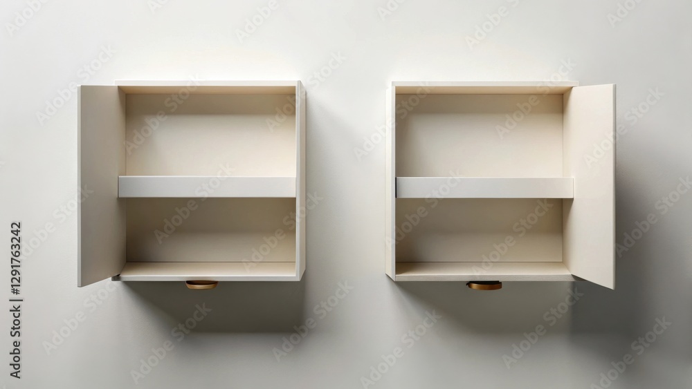 Empty cream-colored wall-mounted cabinets with open doors and single shelf reveal minimalist interior storage design Empty cream-colored wall-mounted cabinets with open doors and single shelf reveal minimalist interior storage design