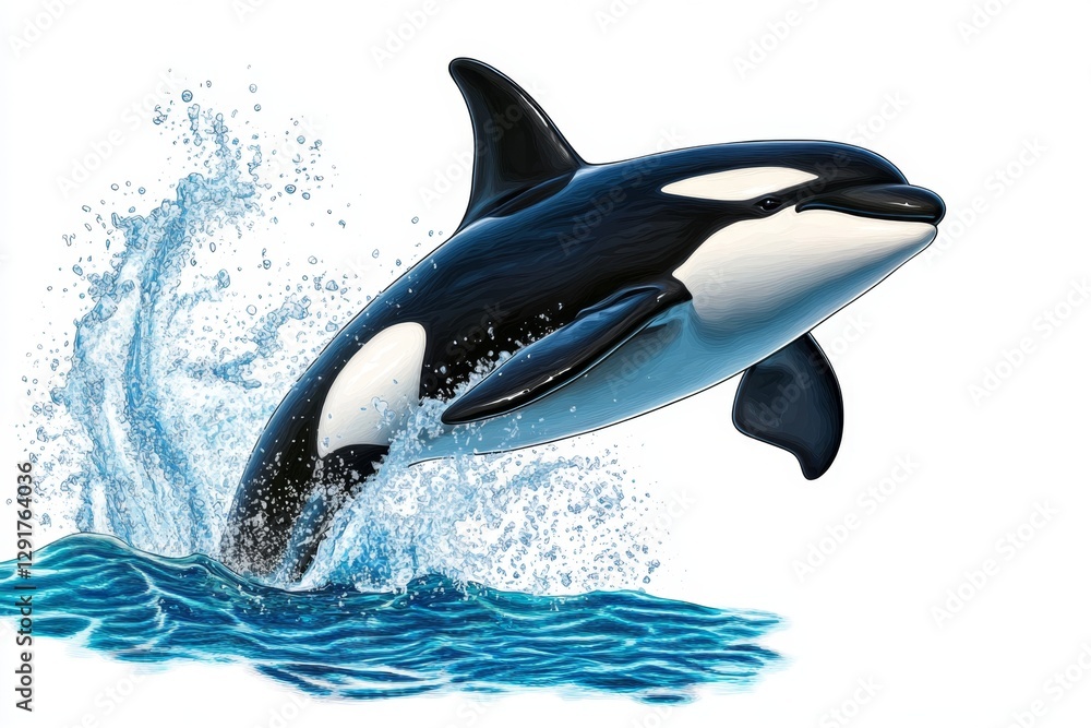Obraz premium Realistic orca jumping out of the water, vector illustration, white background, side view, 3D render, high resolution, high details, sharp focus, studio lighting