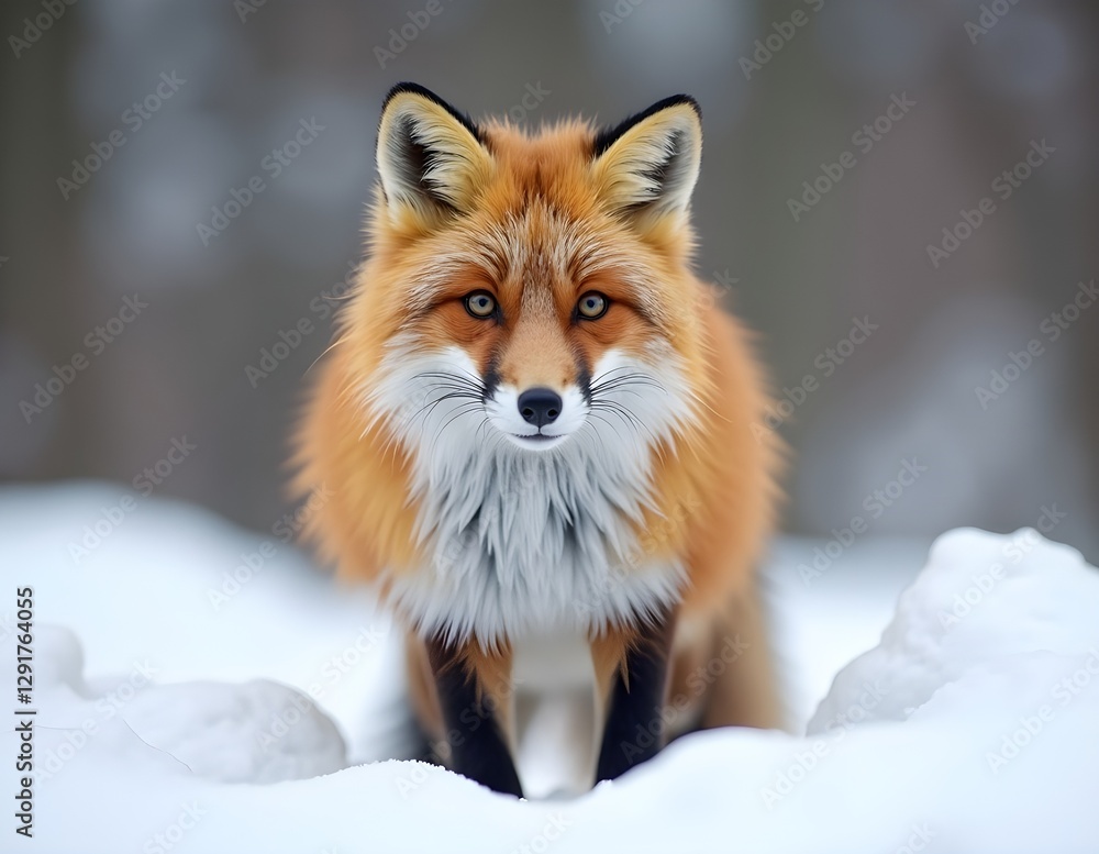 Fototapeta premium A curious red fox, standing in the snow.