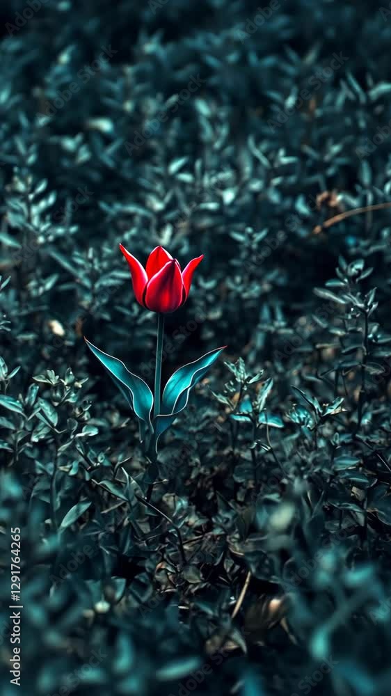 Bright red tulip stands out among dark green foliage in a serene garden setting Bright red tulip stands out among dark green foliage in a serene garden setting