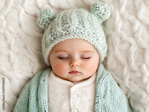 Sleeping baby in cozy knit hat home nursery portrait photography soft textures close-up adorable cuteness photo