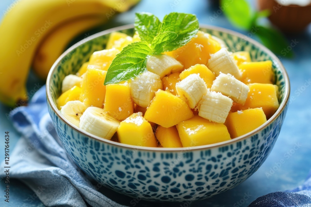 fruit salads Fresh fruit salad with mango and banana, garnished with mint leaves in a decorative bowl. fruit salads Fresh fruit salad with mango and banana, garnished with mint leaves in a decorative bowl.