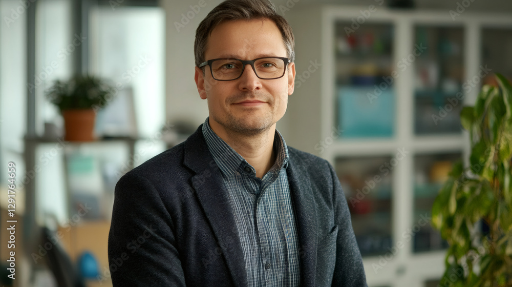 Portrait of a smiling businessman wearing glasses and a blazer in a modern office environment, conveying professionalism and success Portrait of a smiling businessman wearing glasses and a blazer in a modern office environment, conveying professionalism and success