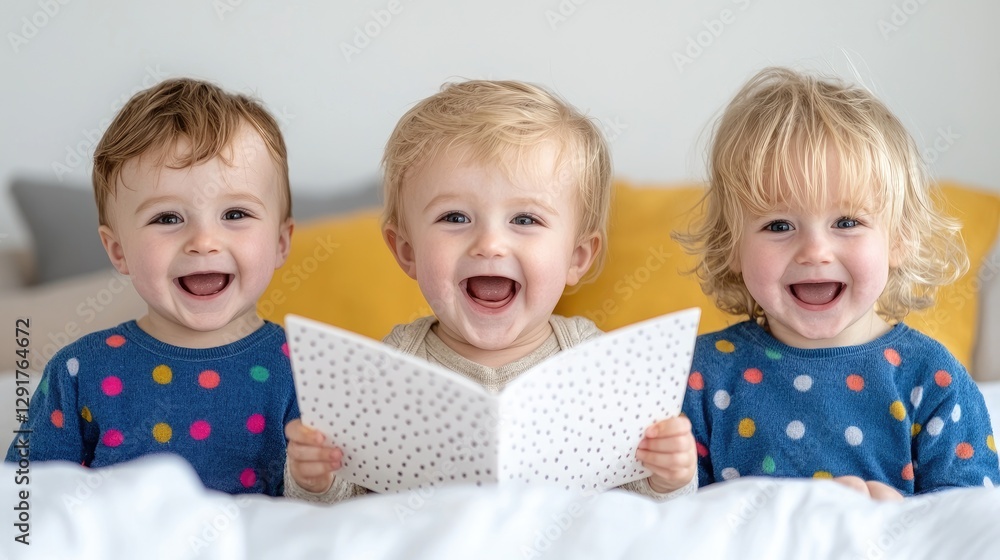 Three laughing babies holding a book on a bed Three laughing babies holding a book on a bed