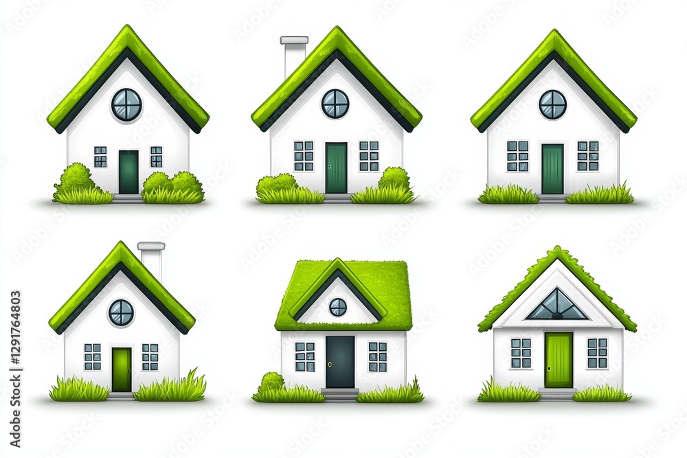 Set of four simple houses, in a green color, on a white background, photorealistic, hyperrealistic, isolated on the edges, cut out and pasted onto paper, no shadows, no text or images in front Set of four simple houses, in a green color, on a white background, photorealistic, hyperrealistic, isolated on the edges, cut out and pasted onto paper, no shadows, no text or images in front