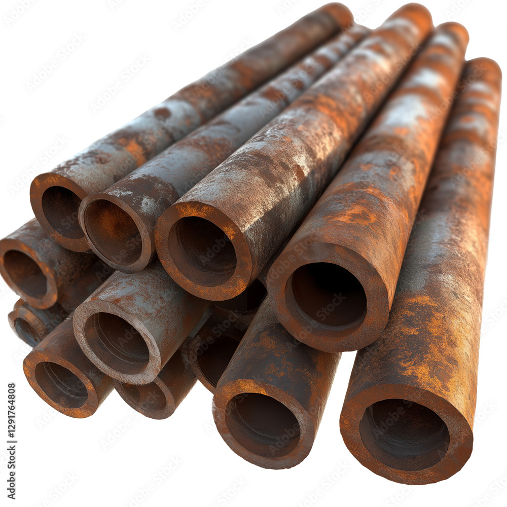 A pile of rusty water pipes, with a transparent background A pile of rusty water pipes, with a transparent background