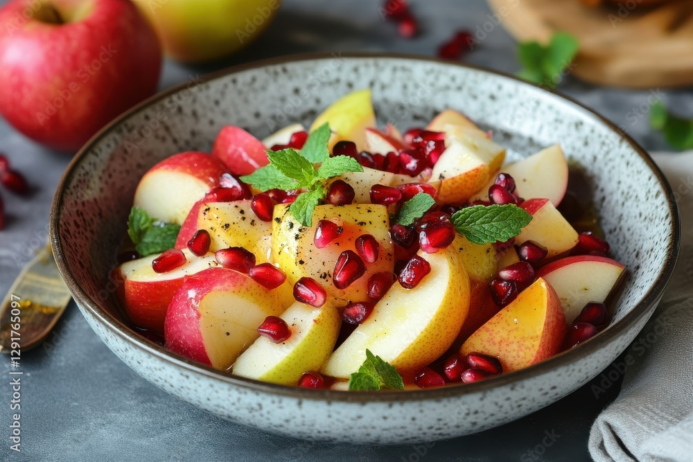 fruit salads Colorful fruit salad with apples, pomegranate seeds, and mint leaves in a decorative bowl. fruit salads Colorful fruit salad with apples, pomegranate seeds, and mint leaves in a decorative bowl.