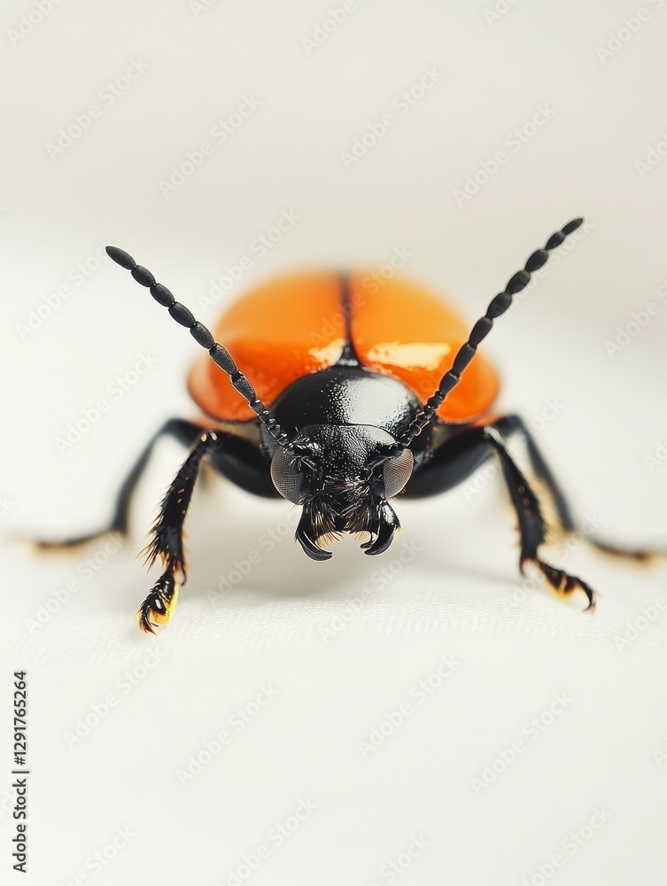 A close-up of an orange and black beetle on a white surface, its hard shell shimmering in the light A close-up of an orange and black beetle on a white surface, its hard shell shimmering in the light