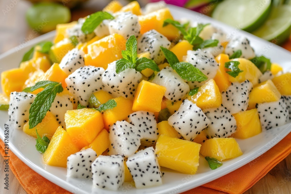 fruit salads Fresh fruit salad featuring mango and dragon fruit, garnished with mint leaves. fruit salads Fresh fruit salad featuring mango and dragon fruit, garnished with mint leaves.