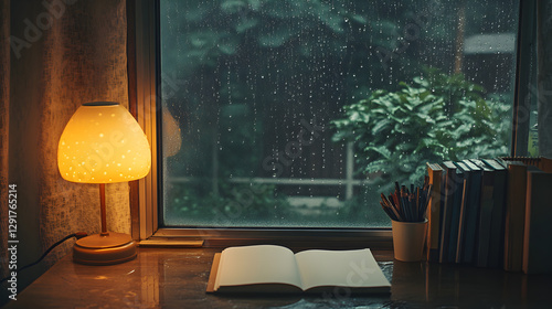 lofi aesthetic study setup with a notebook, glowing desk lamp, and a window showing raindrops sliding down the glass 