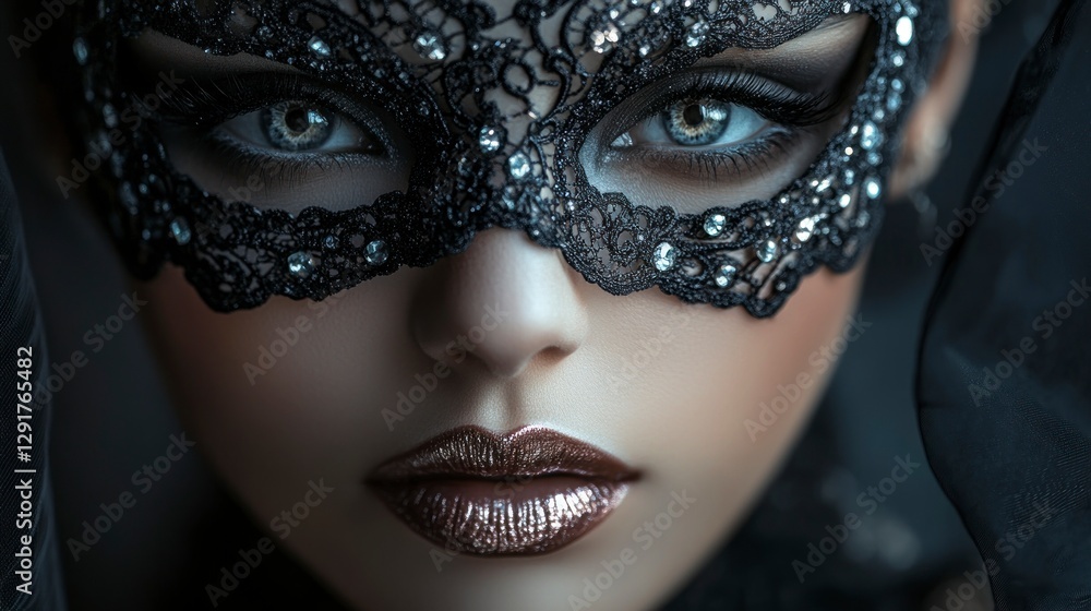 A close-up of the mysterious woman's face, wearing an elegant lace mask with sparkling diamonds on her eyes and lips. A close-up of the mysterious woman's face, wearing an elegant lace mask with sparkling diamonds on her eyes and lips.