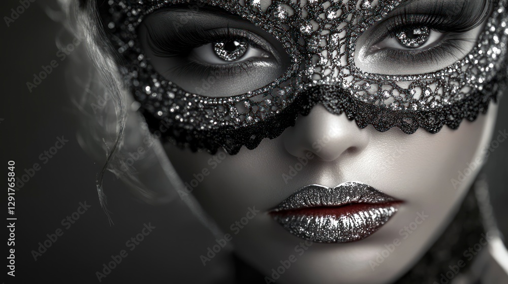 A close-up of the mysterious woman's face, wearing an elegant lace mask with sparkling diamonds on her eyes and lips A close-up of the mysterious woman's face, wearing an elegant lace mask with sparkling diamonds on her eyes and lips
