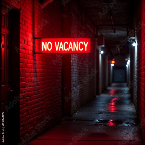 Red No Vacancy Neon Sign Against Dark Alley