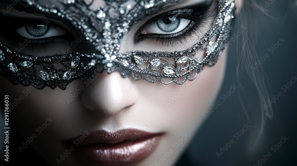 A close-up of the mysterious woman's face, wearing an elegant lace mask with sparkling diamonds on her eyes and lips A close-up of the mysterious woman's face, wearing an elegant lace mask with sparkling diamonds on her eyes and lips