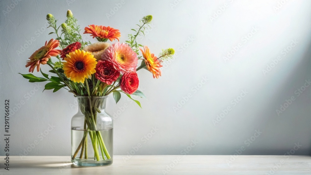 Fototapeta premium Vibrant bouquet of colorful flowers in a clear glass vase, arranged on a light wooden surface against a muted background, showcasing a tranquil and serene atmosphere.