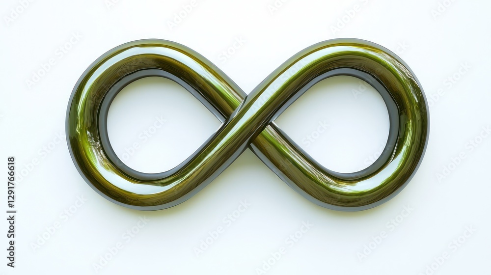 Shiny olive infinity shape with metallic texture on white backdrop, minimalist design. Shiny olive infinity shape with metallic texture on white backdrop, minimalist design.